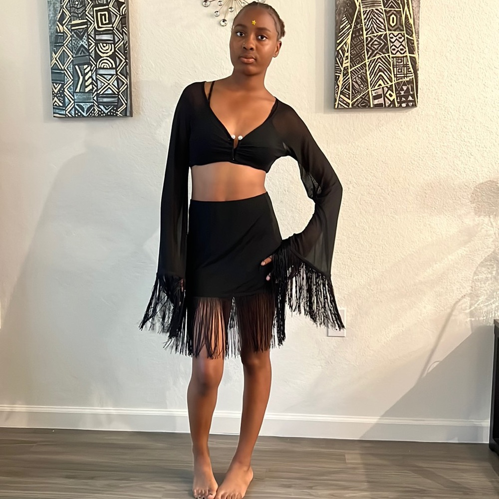 Black Fringe Two Piece Skirt Set New M